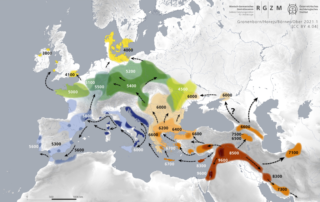 Map of the Spread of Farming from Southwest Asia to Europe