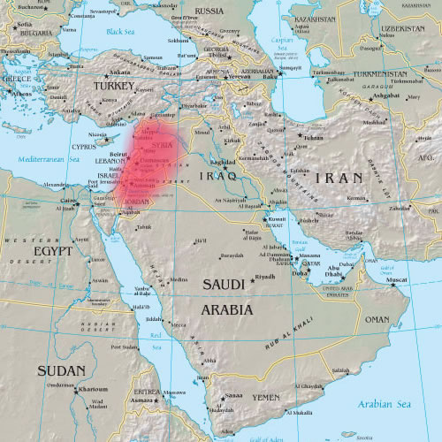 [Map of the Middle East with the Levant highlighted.]
